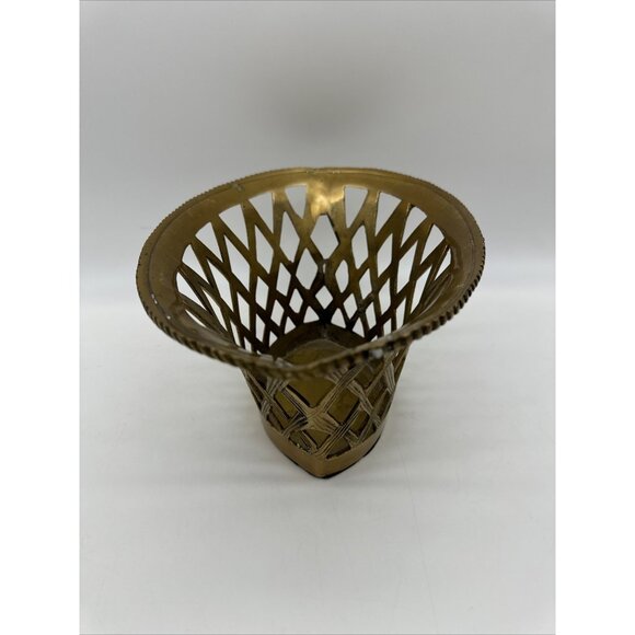 Vintage Brass Weave Lattice Basket Planter Fruit Bowl - Picture 8 of 13